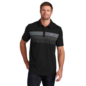 TravisMathew Coastal Chest Stripe Polo In Black Stripe, Front View